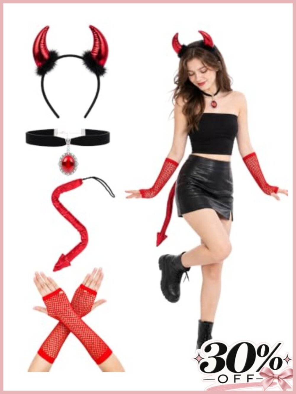 4 Pc Devil Costume Set Demon Horns Headband Tail Fishnet Gloves Choker